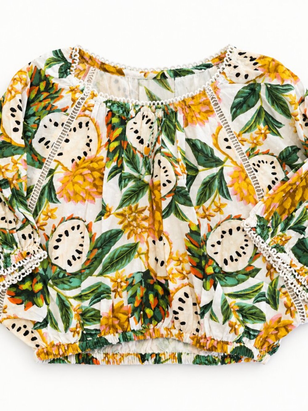 NWT FARM Rio Biriba Tropical Fruit Cropped Puff Sleeve Top XS Resort